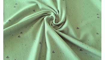 10cm Stretchjersey kleine violette Herzen auf Altgrün (Grundpreis €10,00/m)